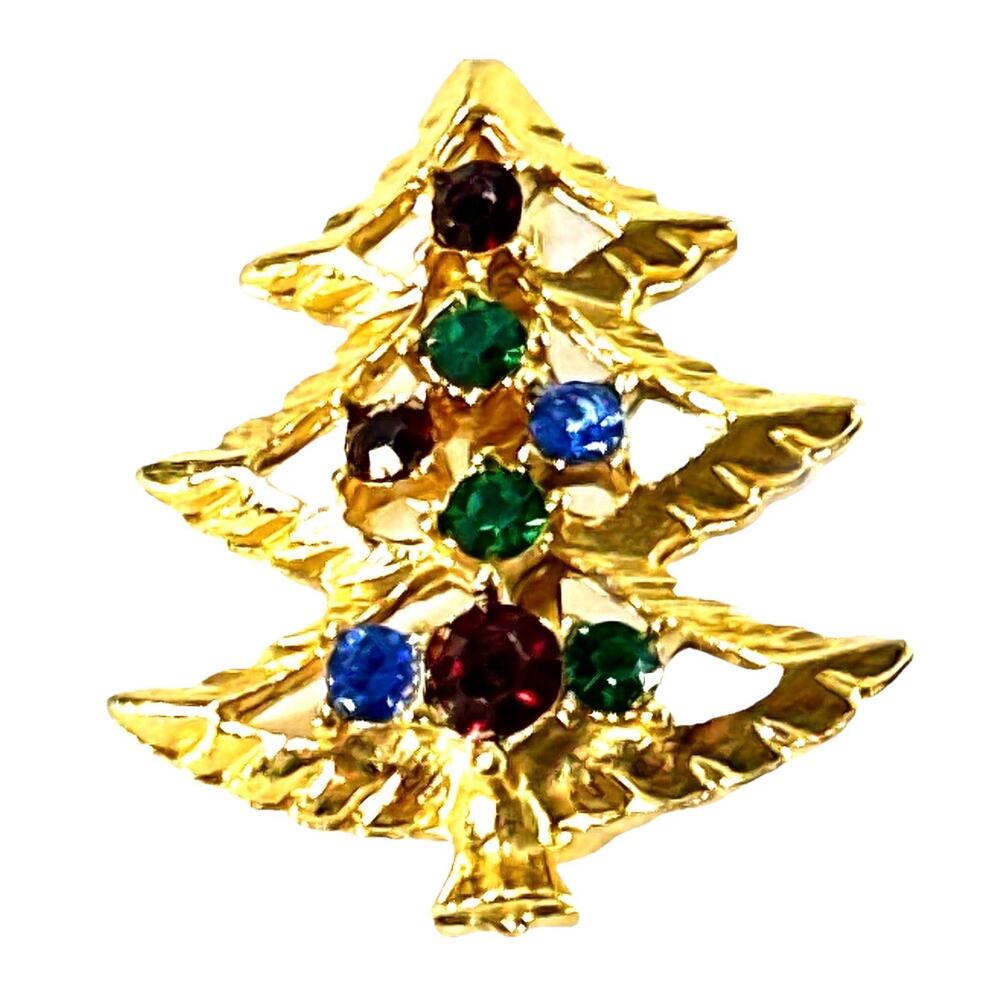 Vintage Christmas Tree Brooch Gold Tone Multicolor Rhinestone Holiday Pin - Picture 3 of 6